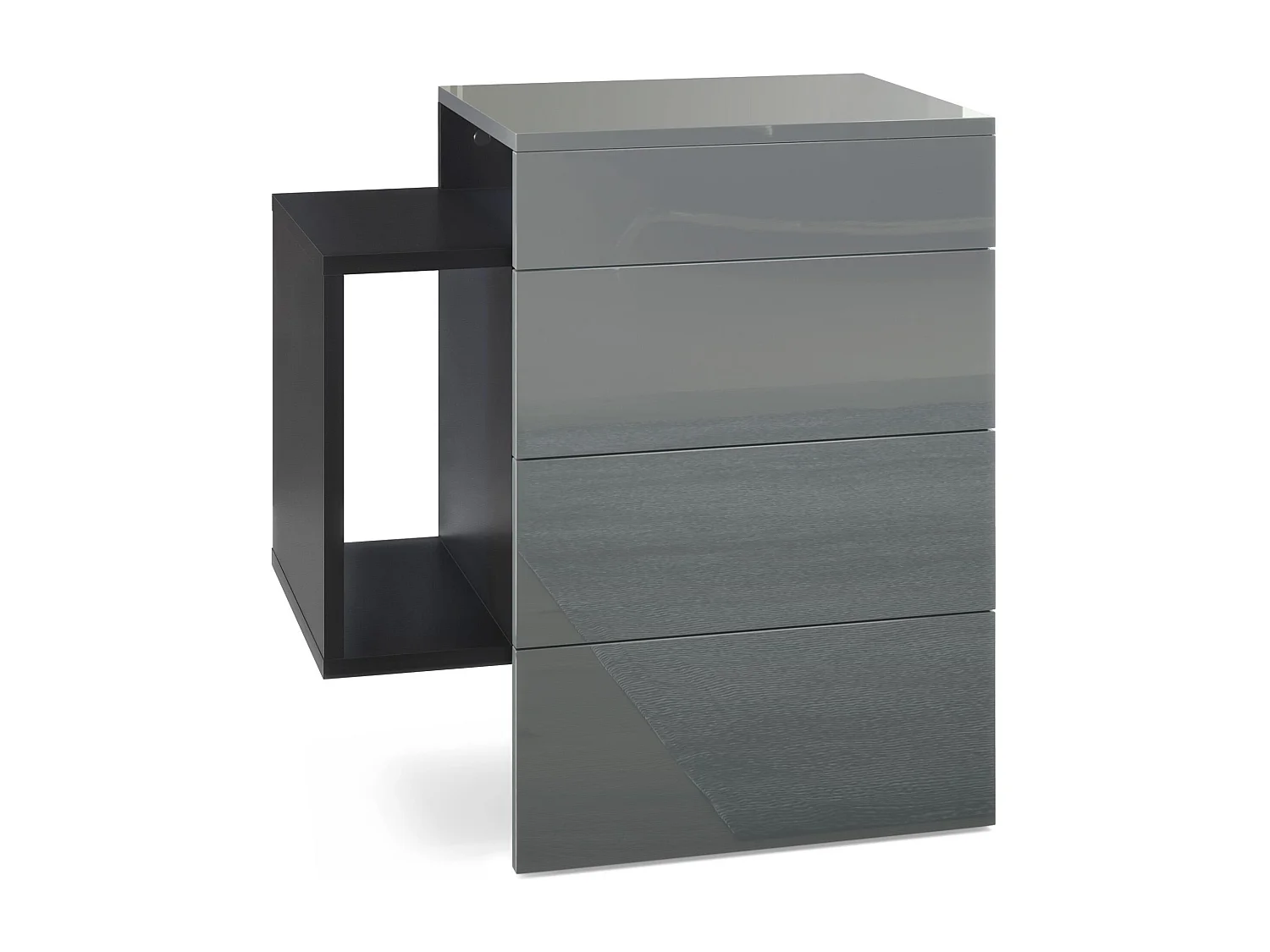 Table de chevet Queens, Table de nuit avec 2 tiroirs et 1 compartiment latéral à fixer au mur, Noir mat/Gris haute brillance (60 x 63 x 36 cm)