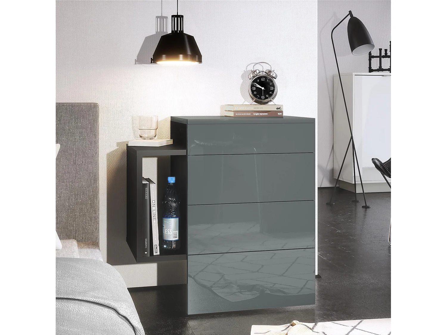 Table de chevet Queens, Table de nuit avec 2 tiroirs et 1 compartiment latéral à fixer au mur, Noir mat/Gris haute brillance (60 x 63 x 36 cm)