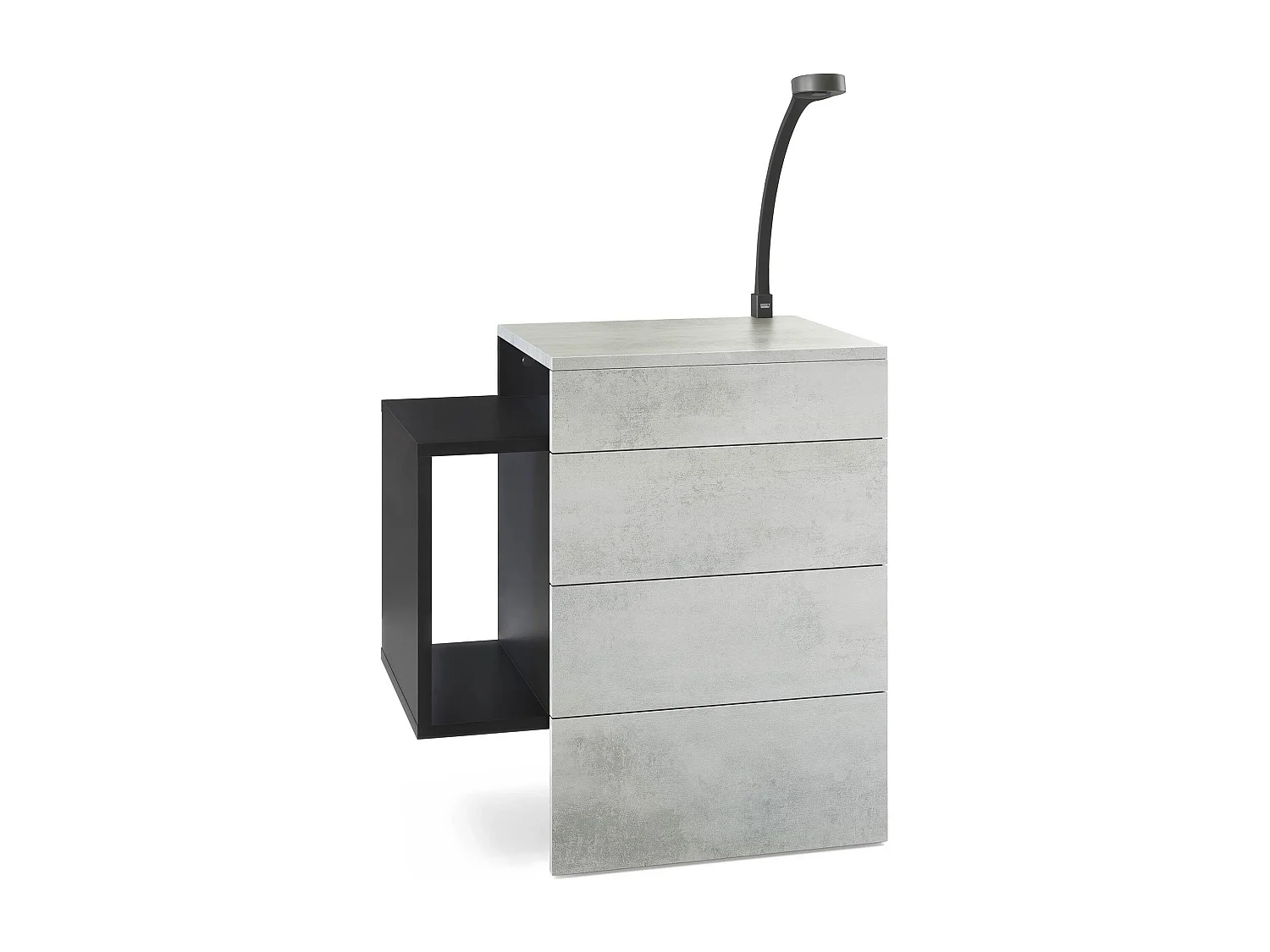 Table de chevet Queens, Table de nuit avec 2 tiroirs et 1 compartiment latéral à fixer au mur, Noir mat/Aspect Béton Oxyde, incl. lampe LED (60x63x36 cm)