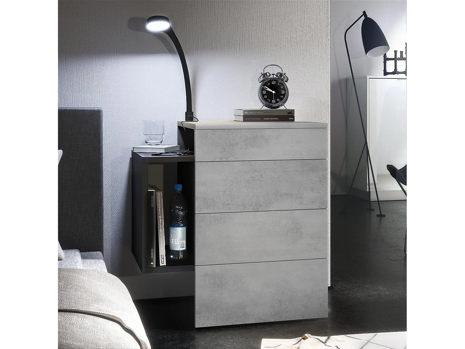 Table de chevet Queens, Table de nuit avec 2 tiroirs et 1 compartiment latéral à fixer au mur, Noir mat/Aspect Béton Oxyde, incl. lampe LED (60x63x36 cm)