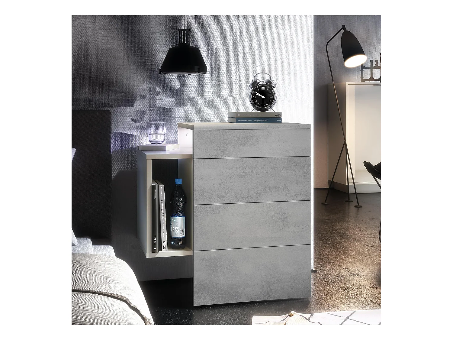 Table de chevet Queens, Table de nuit avec 2 tiroirs et 1 compartiment latéral à fixer au mur, Blanc mat/Aspect Béton Oxyde, incl. LED blanc (60x63x36 cm)