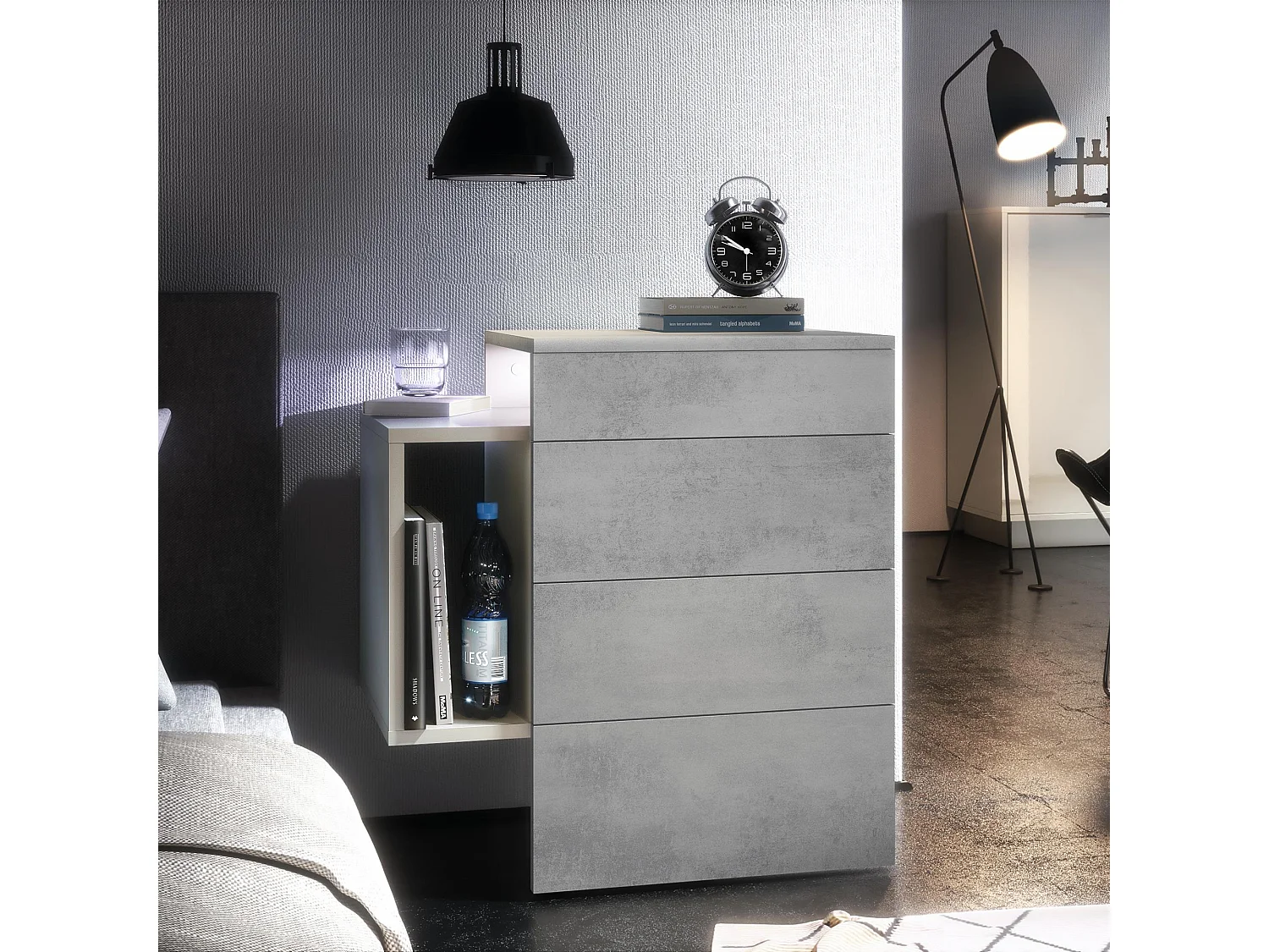 Table de chevet Queens, Table de nuit avec 2 tiroirs et 1 compartiment latéral à fixer au mur, Blanc mat/Aspect Béton Oxyde, incl. LED blanc (60x63x36 cm)