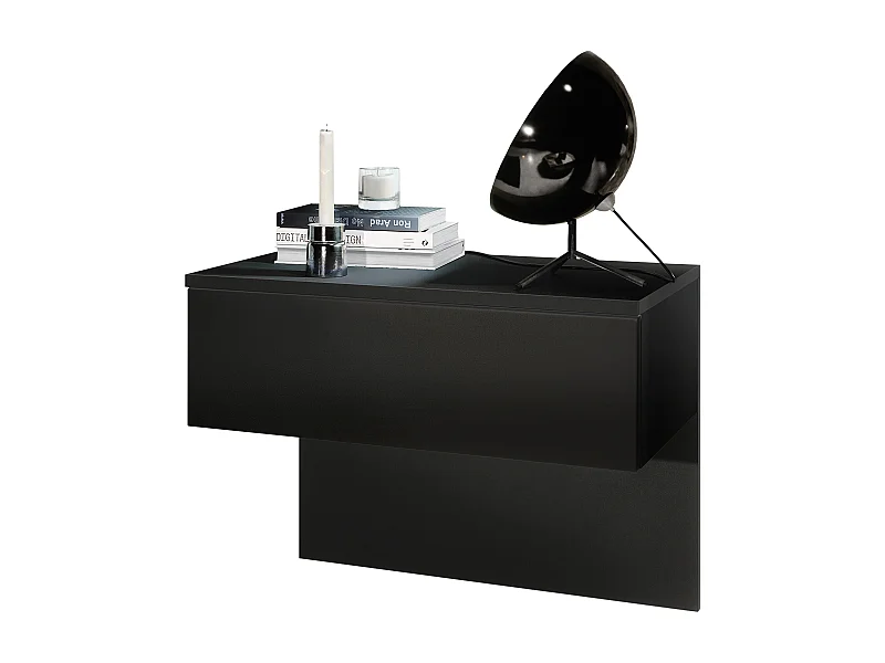Table de chevet Sleep, Table de nuit à fixation murale avec tiroir, Noir mat/Noir mat (60 x 46 x 35 cm)