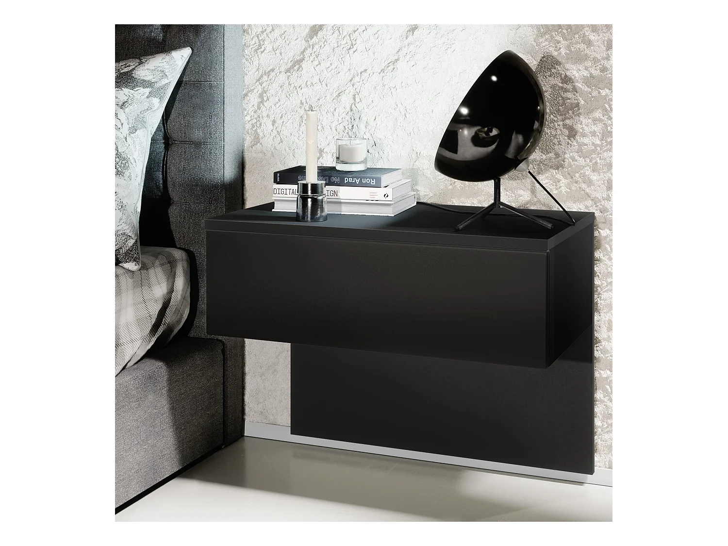 Table de chevet Sleep, Table de nuit à fixation murale avec tiroir, Noir mat/Noir mat (60 x 46 x 35 cm)