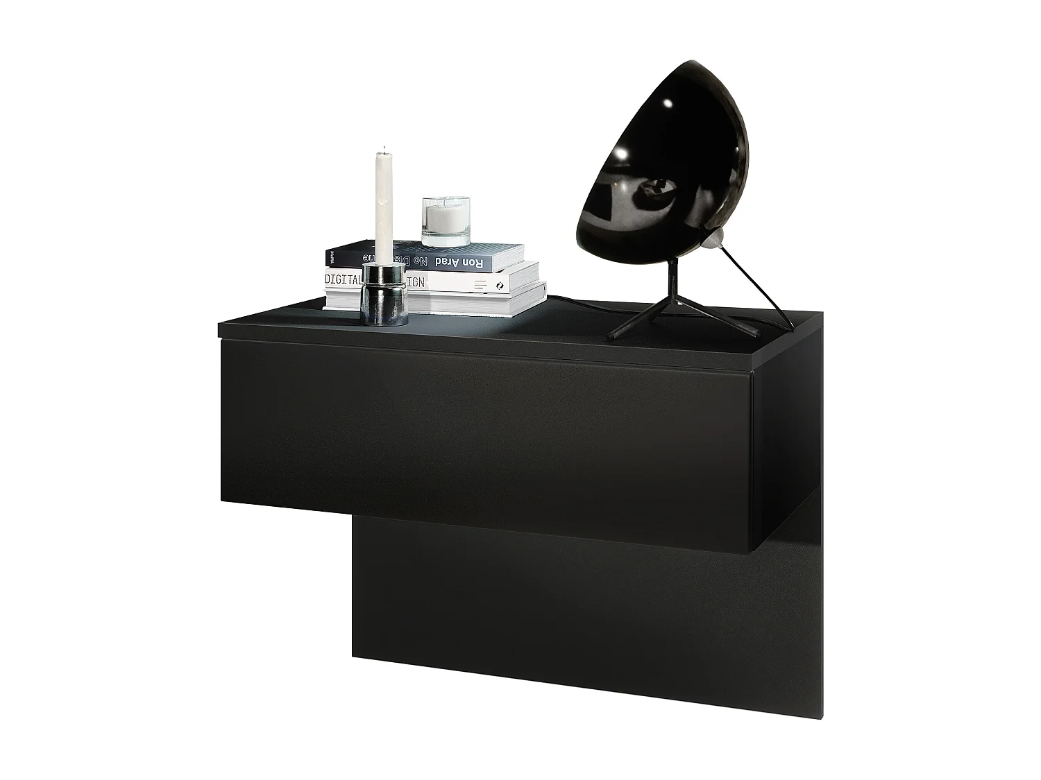 Table de chevet Sleep, Table de nuit à fixation murale avec tiroir, Noir mat/Noir mat (60 x 46 x 35 cm)