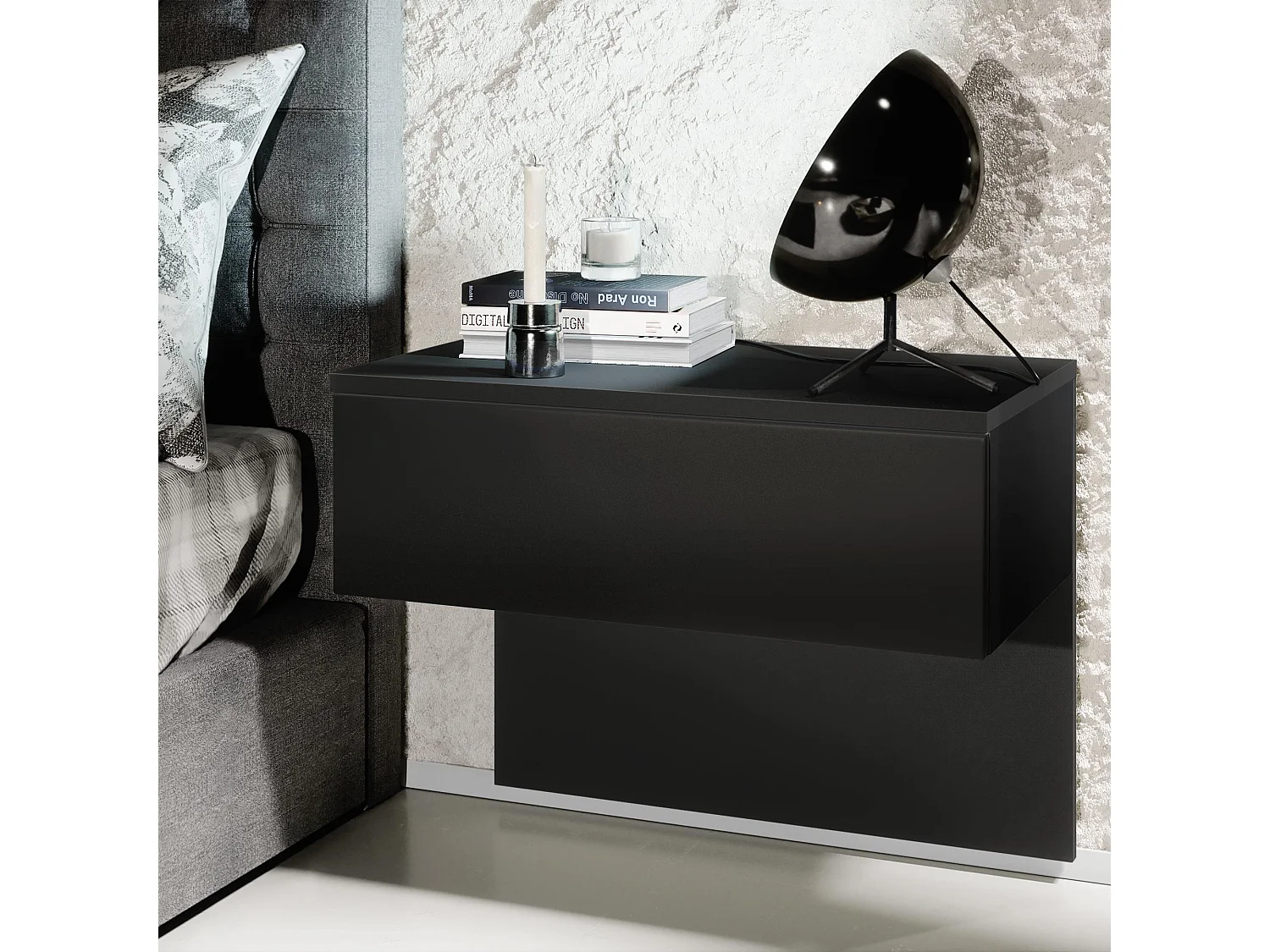 Table de chevet Sleep, Table de nuit à fixation murale avec tiroir, Noir mat/Noir mat (60 x 46 x 35 cm)