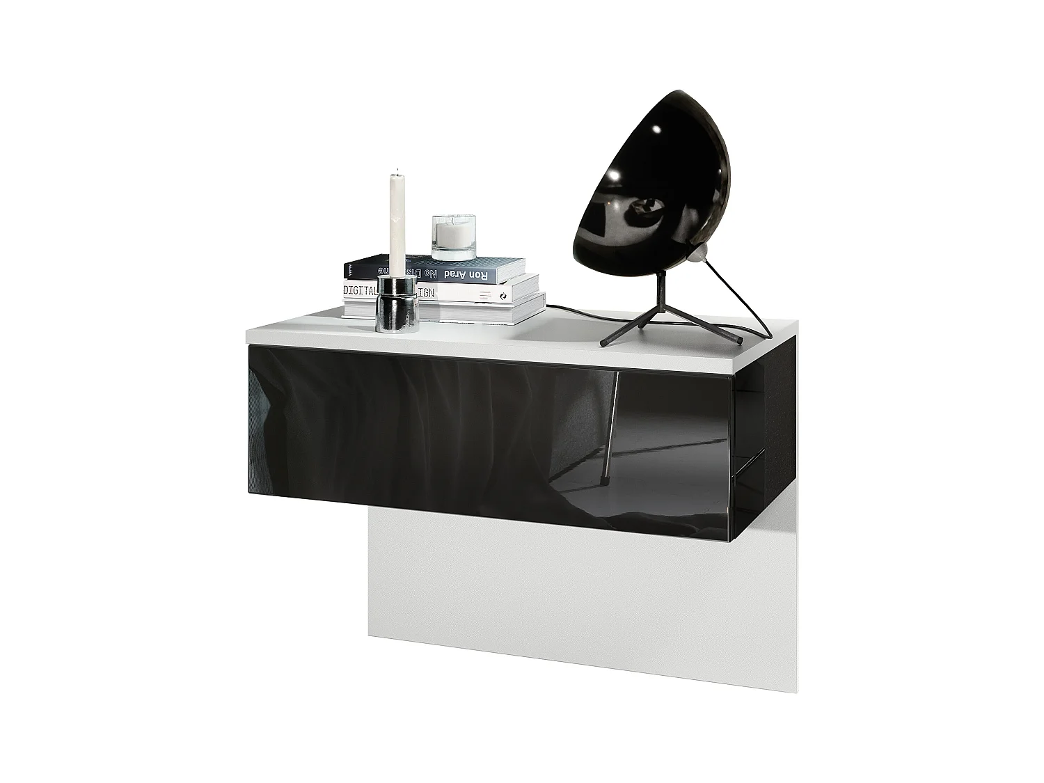 Table de chevet Sleep, Table de nuit à fixation murale avec tiroir, Blanc mat/Noir haute brillance (60 x 46 x 35 cm)