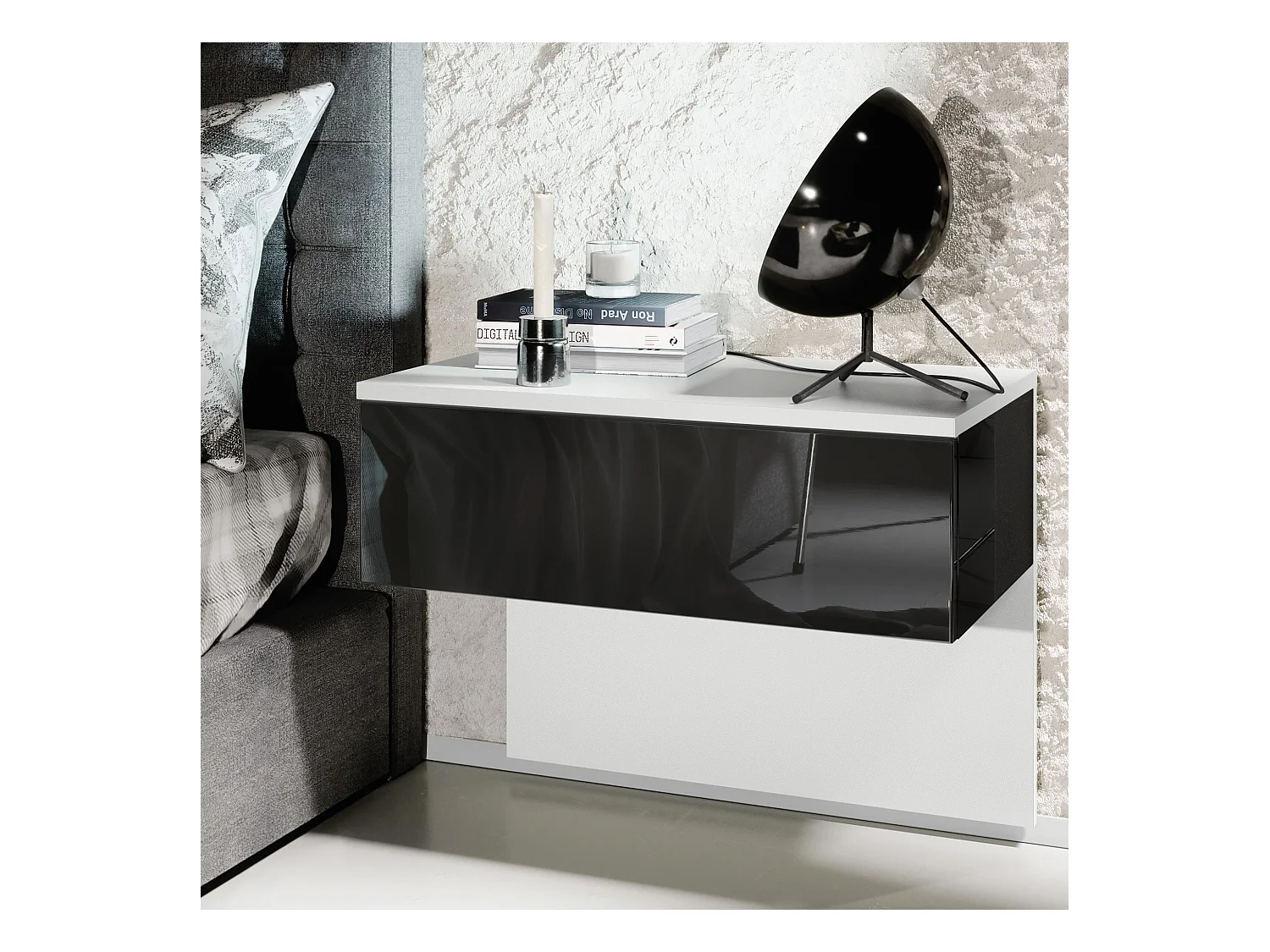 Table de chevet Sleep, Table de nuit à fixation murale avec tiroir, Blanc mat/Noir haute brillance (60 x 46 x 35 cm)