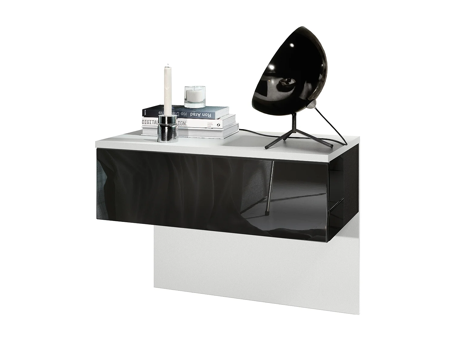 Table de chevet Sleep, Table de nuit à fixation murale avec tiroir, Blanc mat/Noir haute brillance (60 x 46 x 35 cm)