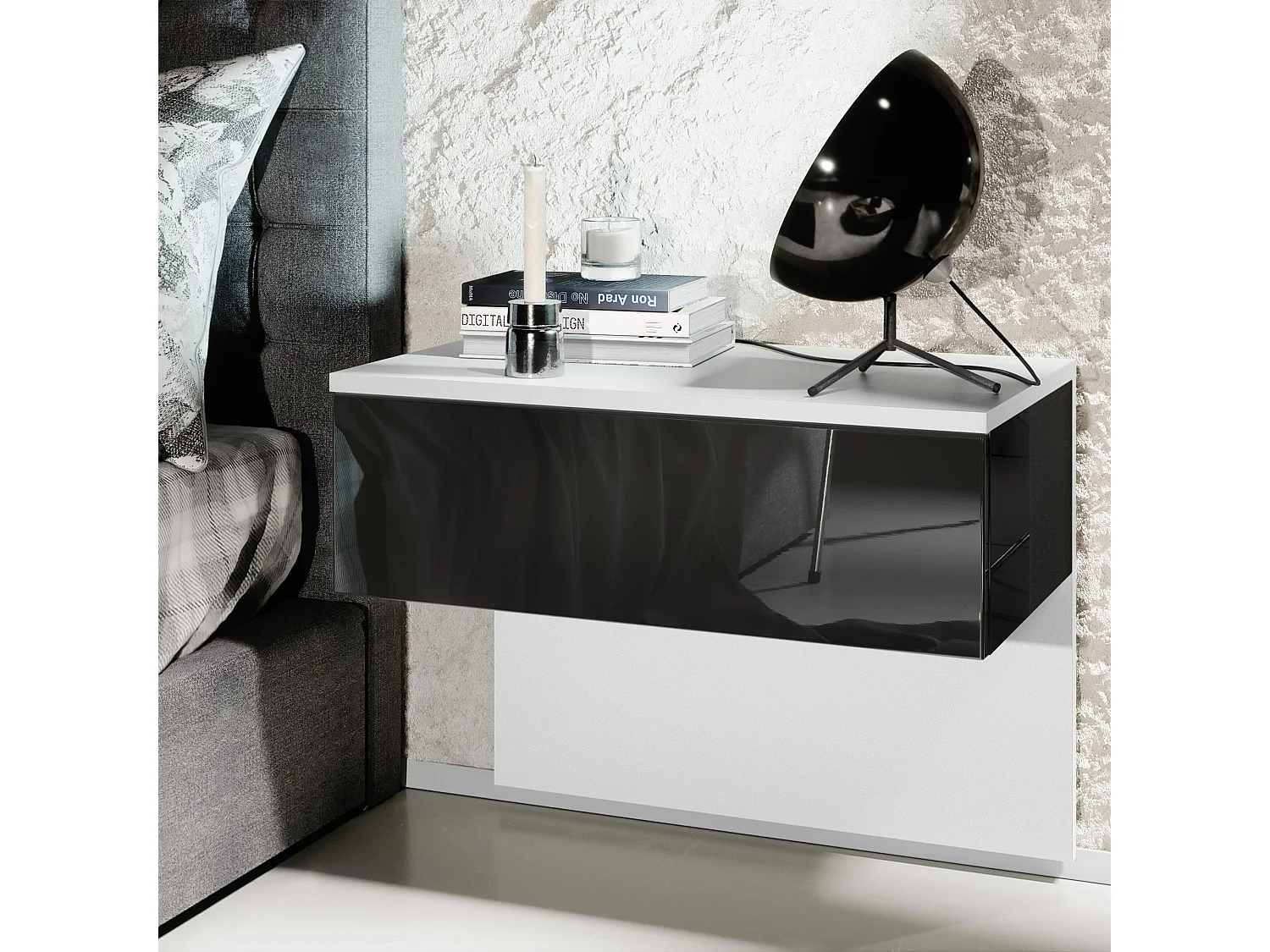 Table de chevet Sleep, Table de nuit à fixation murale avec tiroir, Blanc mat/Noir haute brillance (60 x 46 x 35 cm)