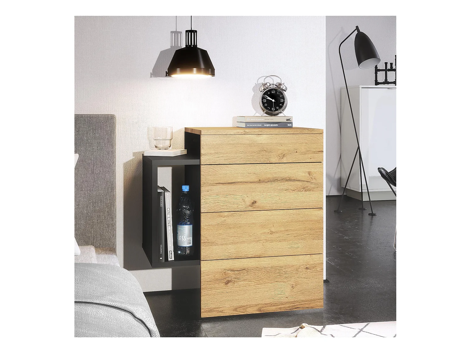 Table de chevet Queens, Table de nuit avec 2 tiroirs et 1 compartiment latéral à fixer au mur, Noir mat/Chêne Nature (60 x 63 x 36 cm)