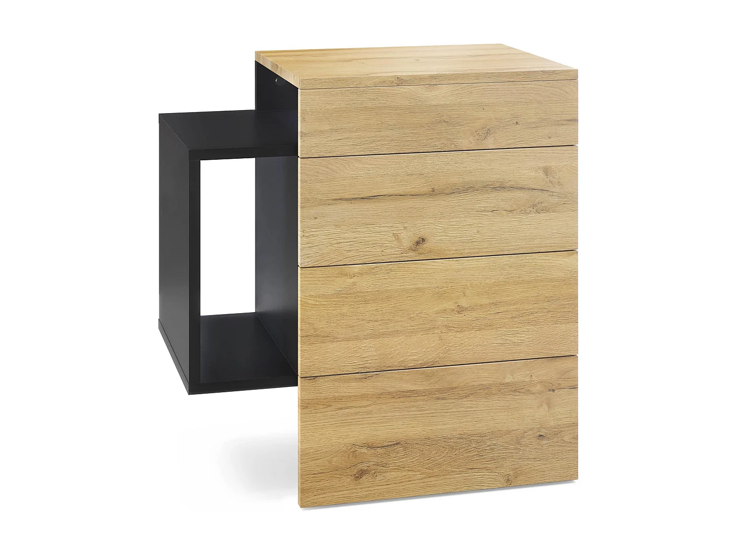 Table de chevet Queens, Table de nuit avec 2 tiroirs et 1 compartiment latéral à fixer au mur, Noir mat/Chêne Nature (60 x 63 x 36 cm)