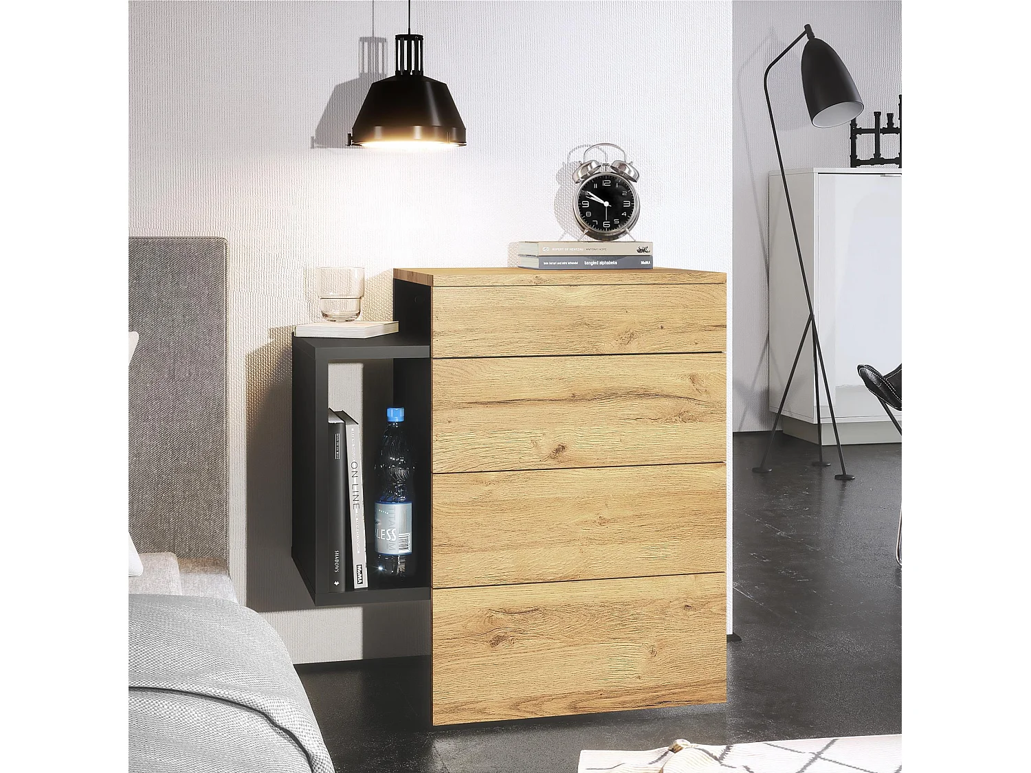 Table de chevet Queens, Table de nuit avec 2 tiroirs et 1 compartiment latéral à fixer au mur, Noir mat/Chêne Nature (60 x 63 x 36 cm)