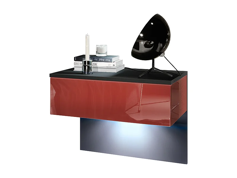 Vladon Mesita de noche Sleep, Cómoda de noche con Cajón para Montaje en Pared, Negro mate/Burdeos de alto brillo incl. iluminación LED (60 x 46 x 35 cm)