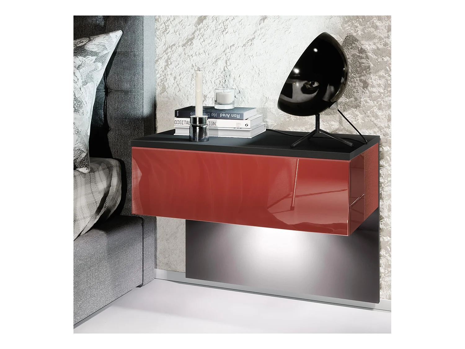 Table de chevet Sleep, Table de nuit à fixation murale avec tiroir, Noir mat/Bordeaux haute brillance, éclairage LED inclus (60 x 46 x 35 cm)