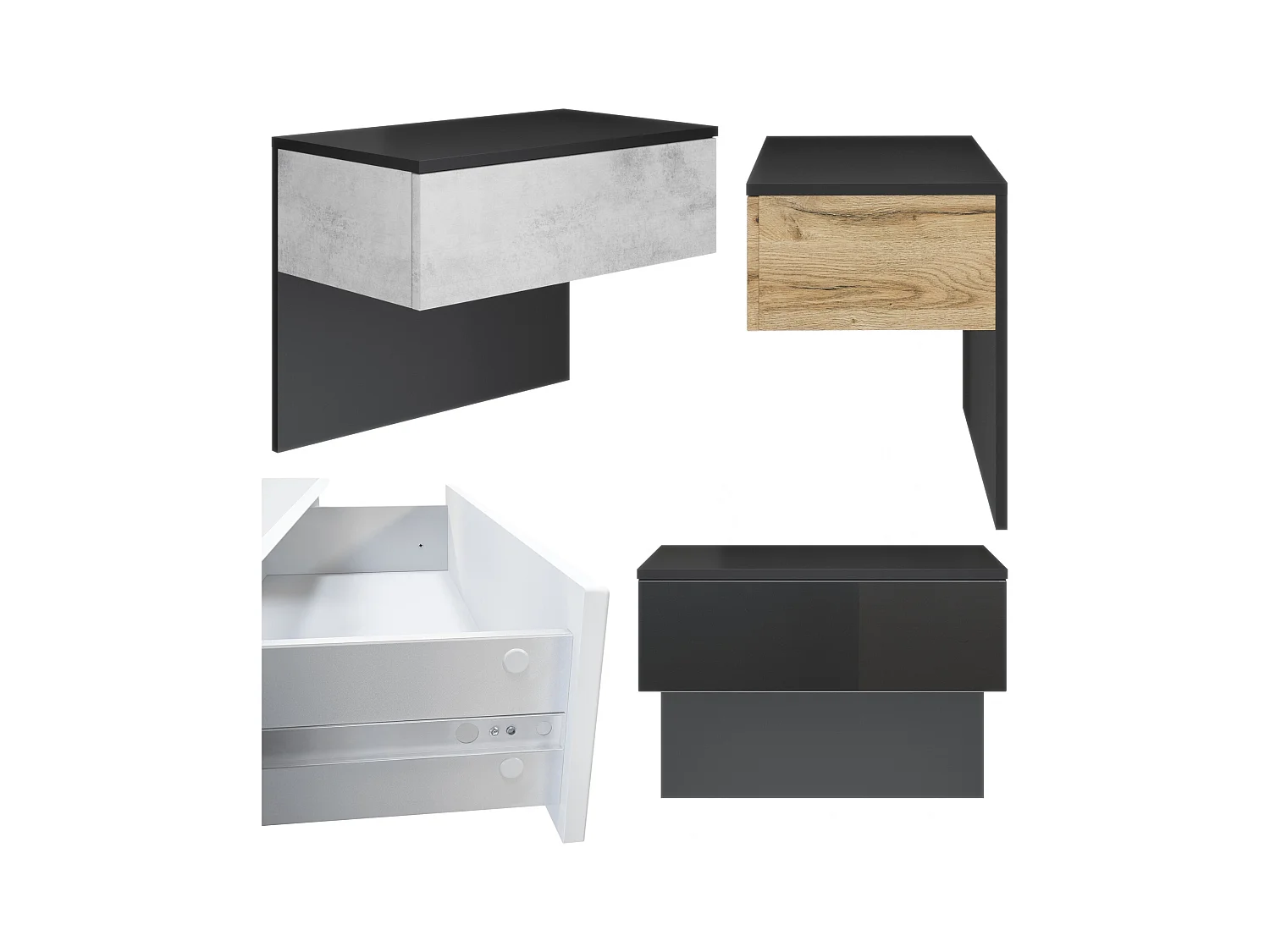 Table de chevet Sleep, Table de nuit à fixation murale avec tiroir, Noir mat/Bordeaux haute brillance, éclairage LED inclus (60 x 46 x 35 cm)