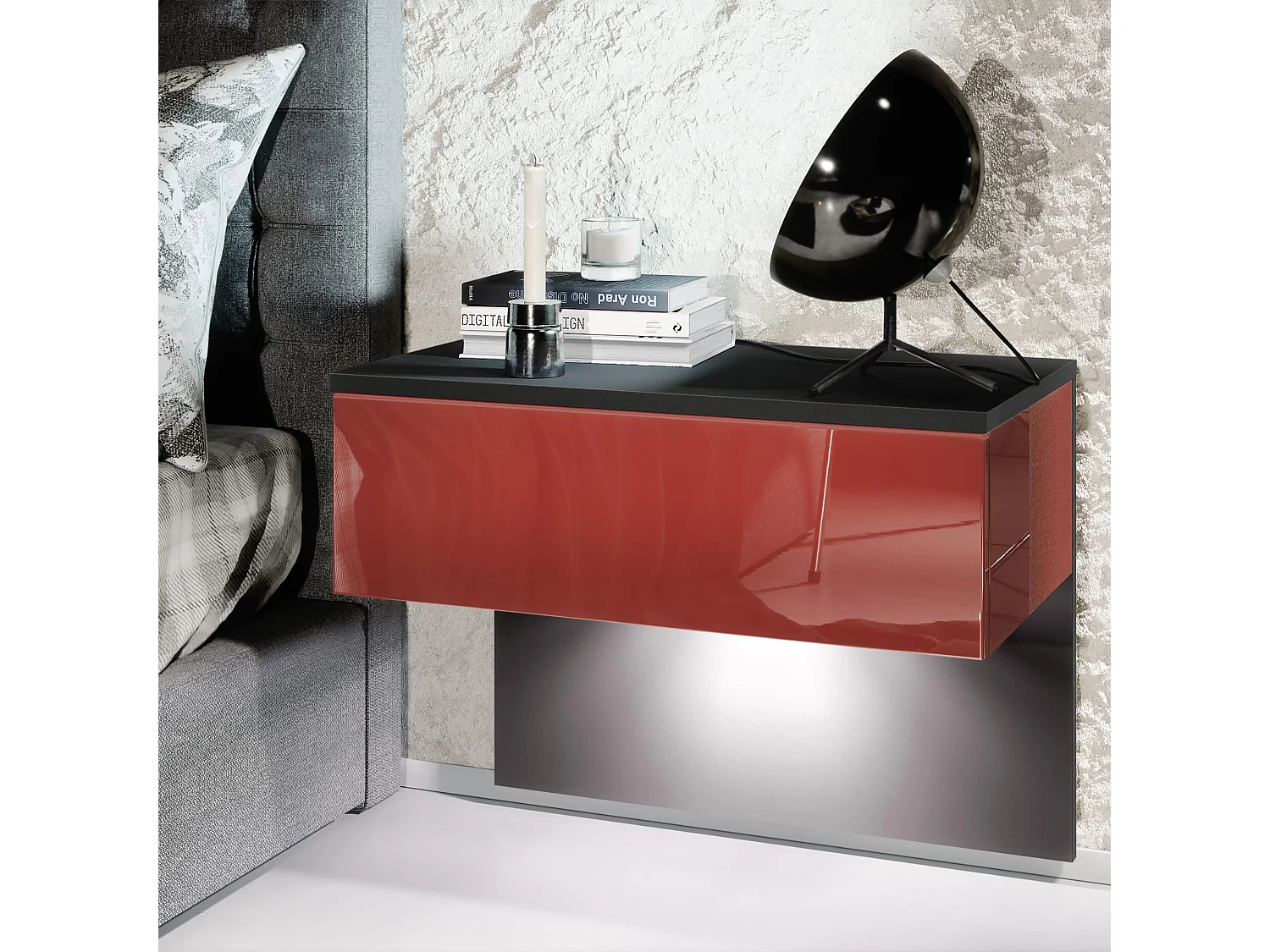 Table de chevet Sleep, Table de nuit à fixation murale avec tiroir, Noir mat/Bordeaux haute brillance, éclairage LED inclus (60 x 46 x 35 cm)