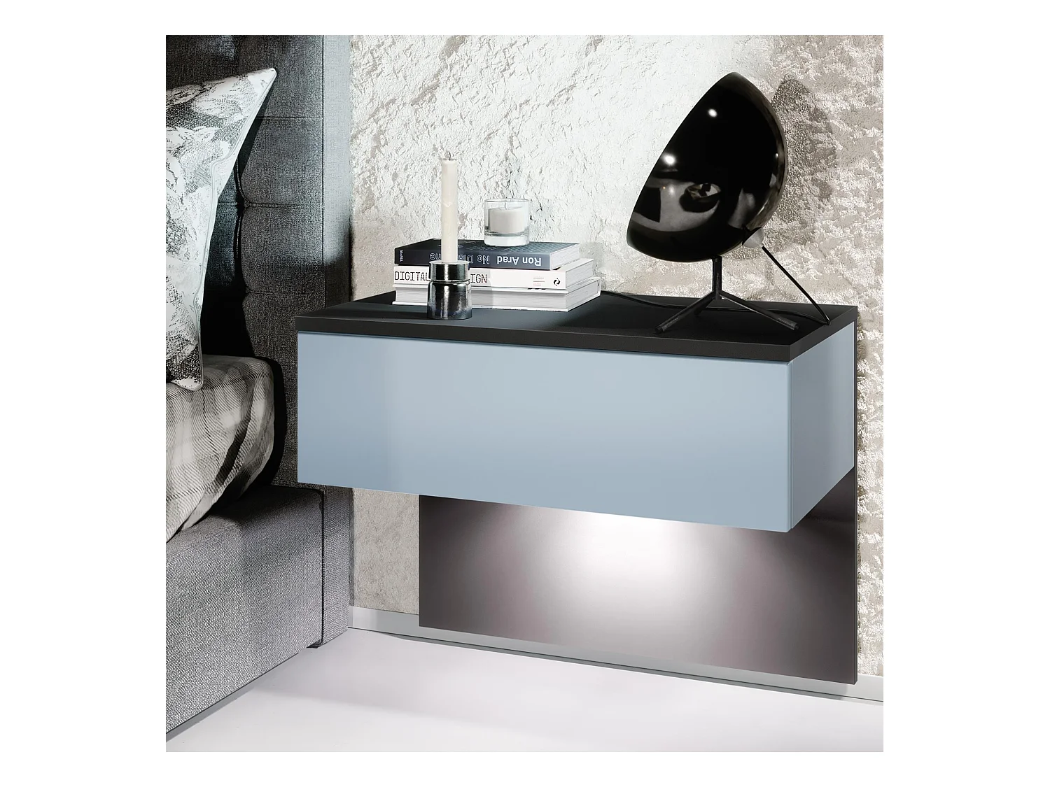 Table de chevet Sleep, Table de nuit à fixation murale avec tiroir, Noir mat/Denim mat, éclairage LED inclus (60 x 46 x 35 cm)
