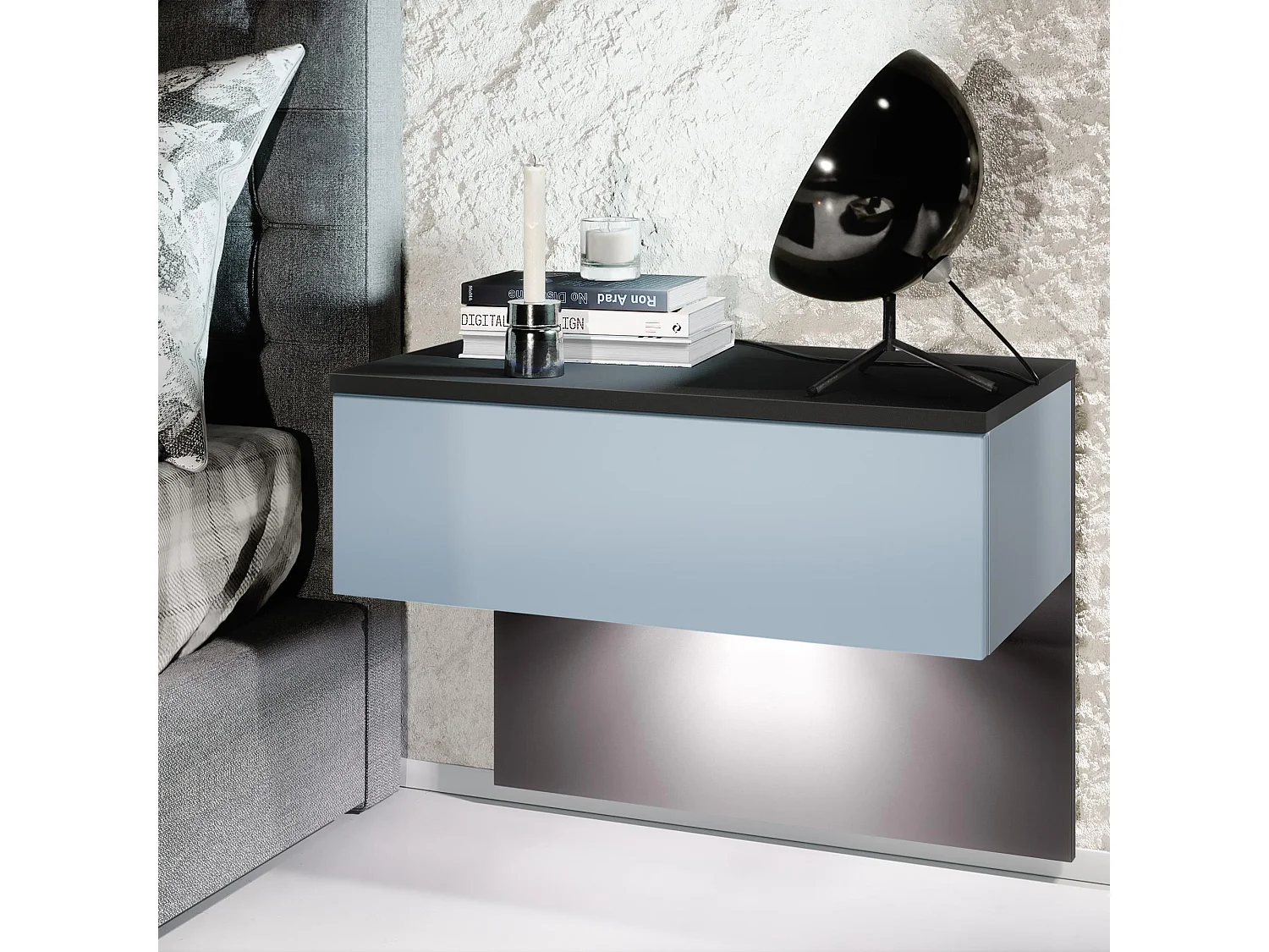 Table de chevet Sleep, Table de nuit à fixation murale avec tiroir, Noir mat/Denim mat, éclairage LED inclus (60 x 46 x 35 cm)