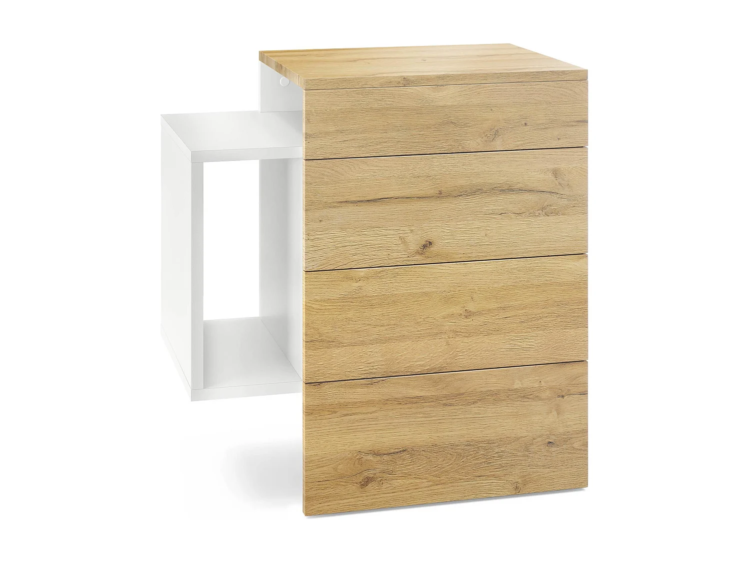 Table de chevet Queens, Table de nuit avec 2 tiroirs et 1 compartiment latéral à fixer au mur, Blanc mat/Chêne Nature (60 x 63 x 36 cm)