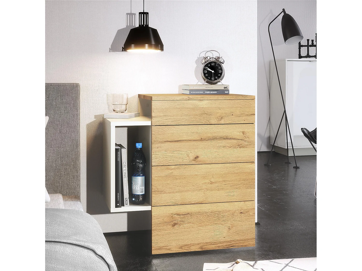 Table de chevet Queens, Table de nuit avec 2 tiroirs et 1 compartiment latéral à fixer au mur, Blanc mat/Chêne Nature (60 x 63 x 36 cm)