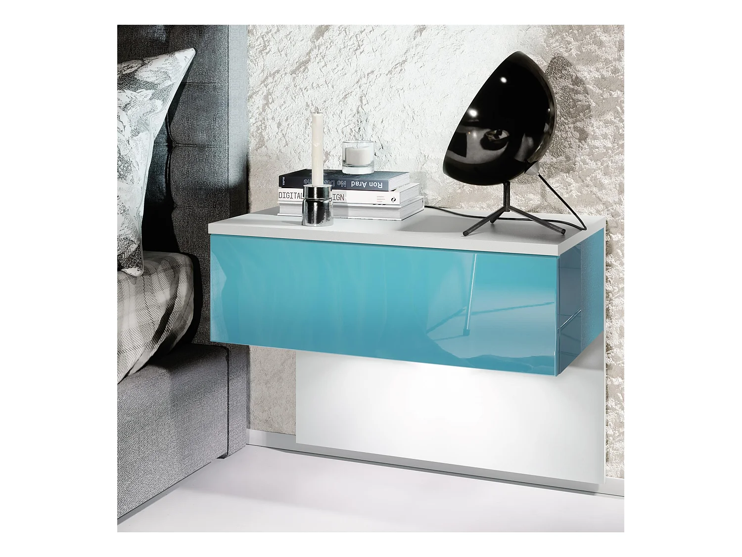 Table de chevet Sleep, Table de nuit à fixation murale avec tiroir, Blanc mat/Turquoise haute brillance, éclairage LED inclus (60 x 46 x 35 cm)