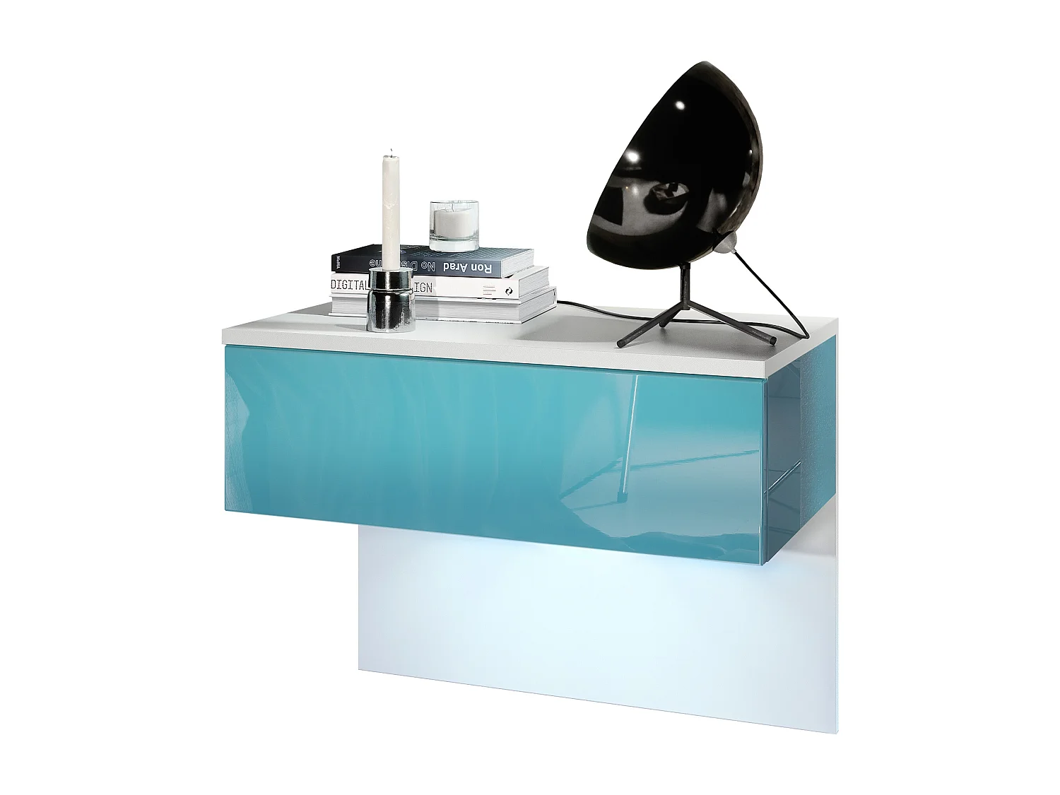Table de chevet Sleep, Table de nuit à fixation murale avec tiroir, Blanc mat/Turquoise haute brillance, éclairage LED inclus (60 x 46 x 35 cm)