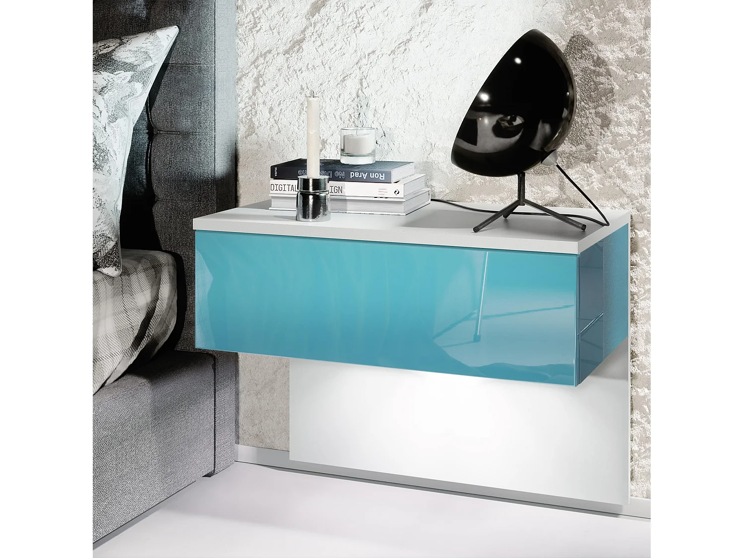 Table de chevet Sleep, Table de nuit à fixation murale avec tiroir, Blanc mat/Turquoise haute brillance, éclairage LED inclus (60 x 46 x 35 cm)
