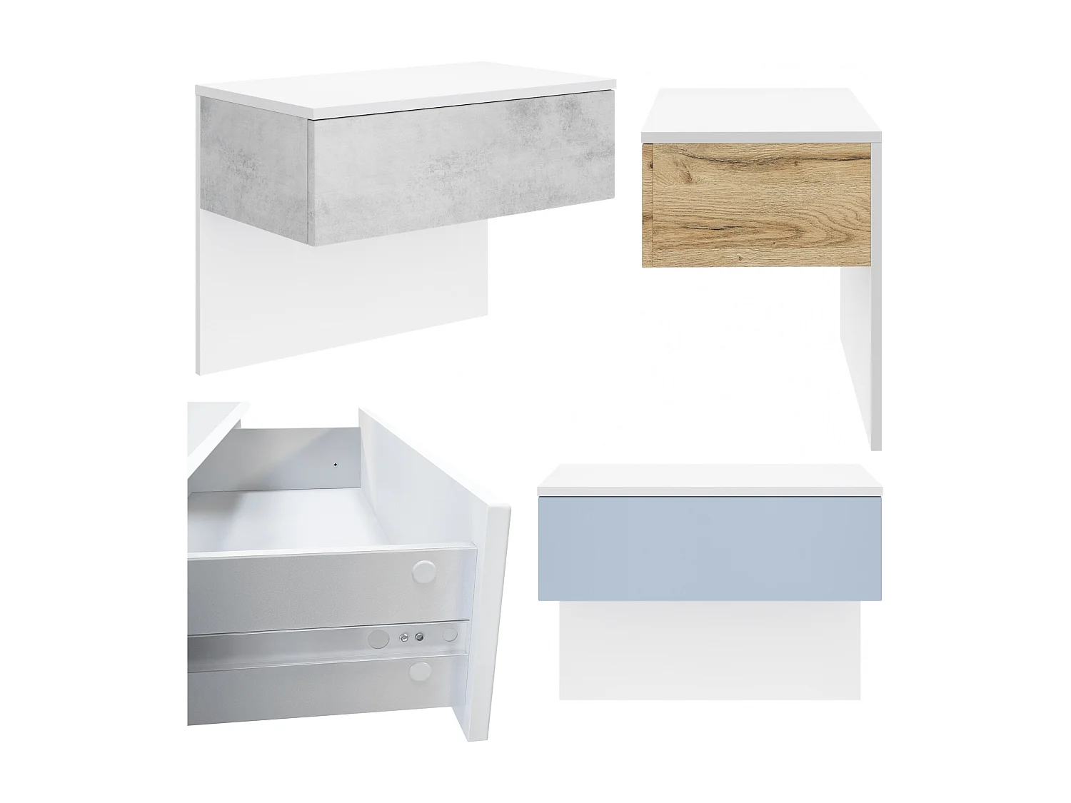 Table de chevet Sleep, Table de nuit à fixation murale avec tiroir, Blanc mat/Turquoise haute brillance, éclairage LED inclus (60 x 46 x 35 cm)