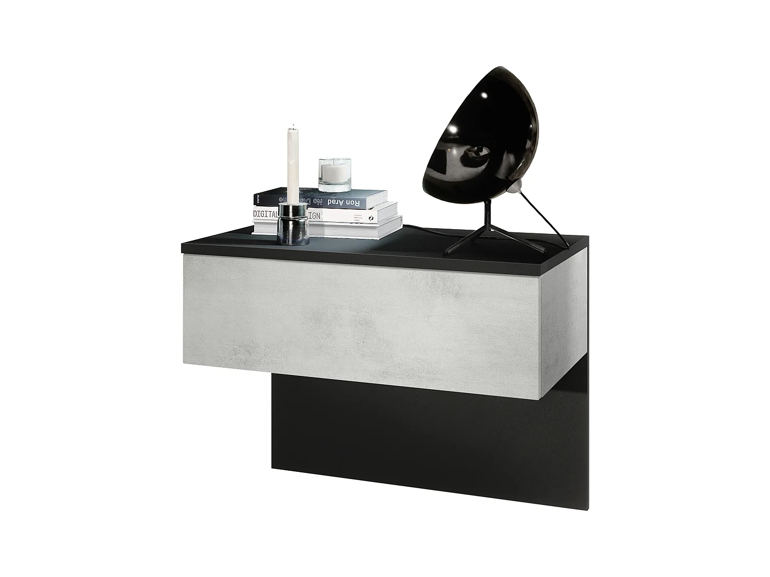 Table de chevet Sleep, Table de nuit à fixation murale avec tiroir, Noir mat/Aspect Béton Oxyde (60 x 46 x 35 cm)