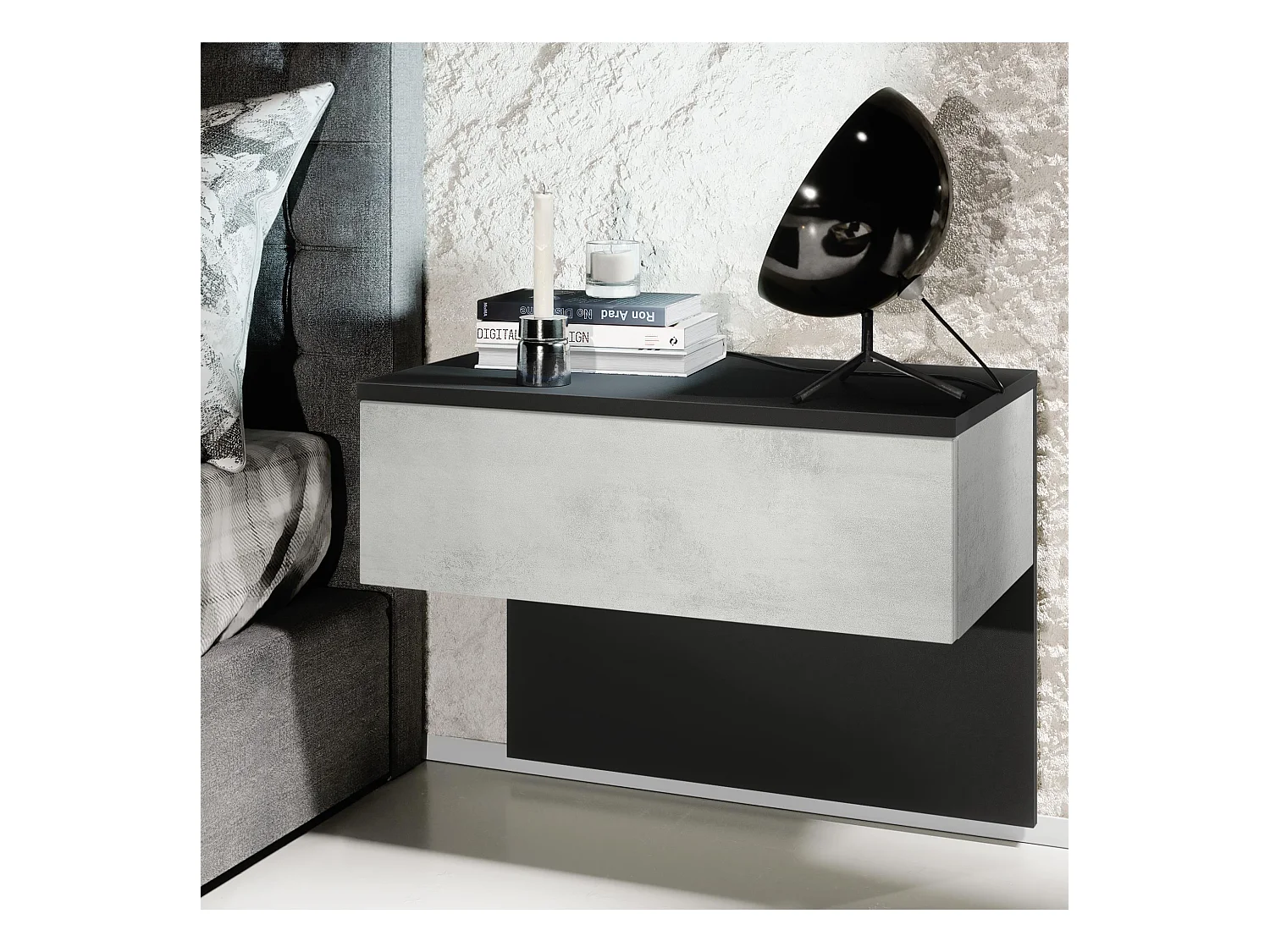 Table de chevet Sleep, Table de nuit à fixation murale avec tiroir, Noir mat/Aspect Béton Oxyde (60 x 46 x 35 cm)