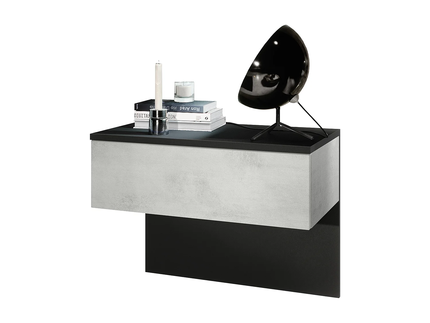 Table de chevet Sleep, Table de nuit à fixation murale avec tiroir, Noir mat/Aspect Béton Oxyde (60 x 46 x 35 cm)