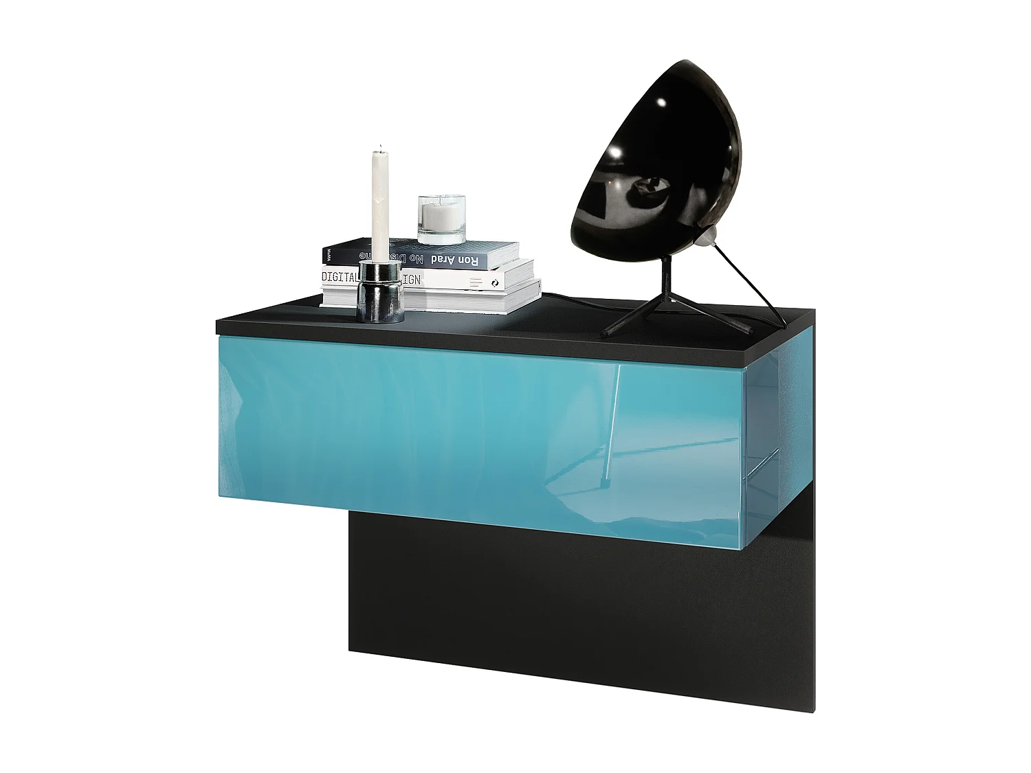 Table de chevet Sleep, Table de nuit à fixation murale avec tiroir, Noir mat/Turquoise haute brillance (60 x 46 x 35 cm)