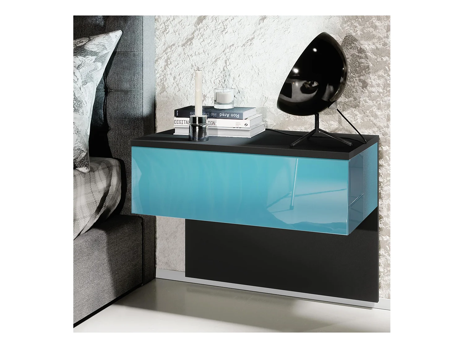 Table de chevet Sleep, Table de nuit à fixation murale avec tiroir, Noir mat/Turquoise haute brillance (60 x 46 x 35 cm)