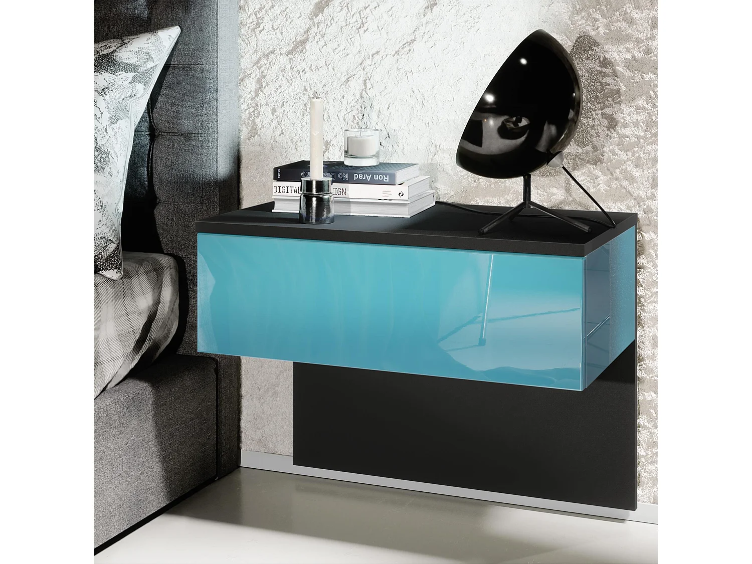 Table de chevet Sleep, Table de nuit à fixation murale avec tiroir, Noir mat/Turquoise haute brillance (60 x 46 x 35 cm)