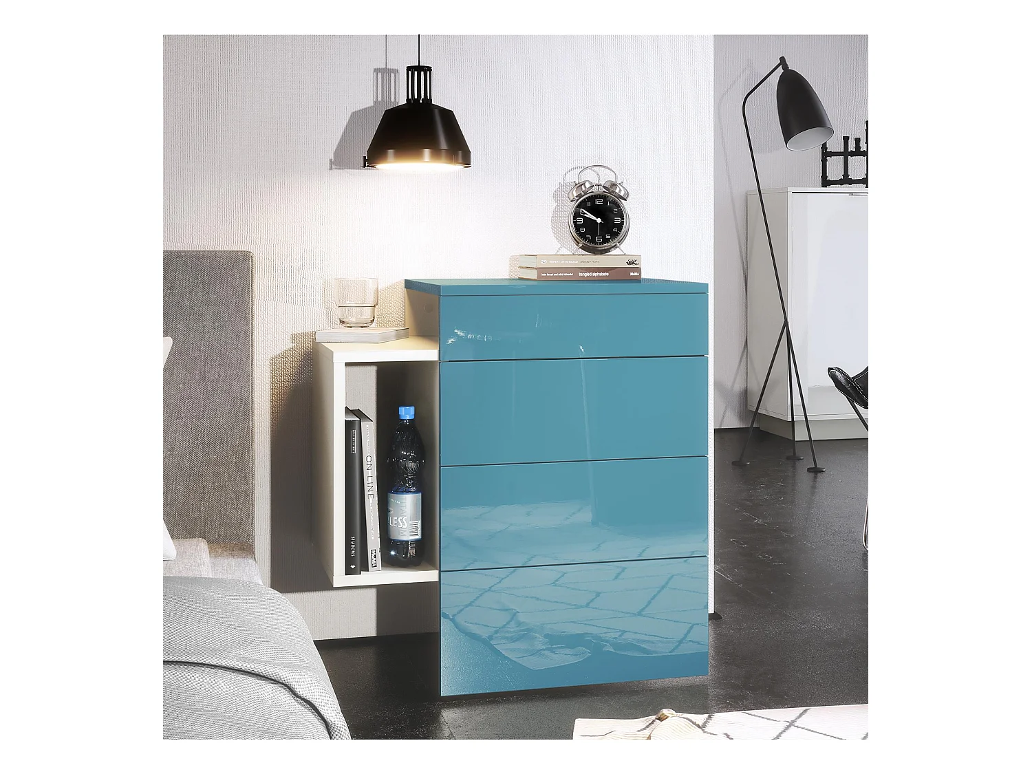Table de chevet Queens, Table de nuit avec 2 tiroirs et 1 compartiment latéral à fixer au mur, Blanc mat/Turquoise haute brillance (60 x 63 x 36 cm)