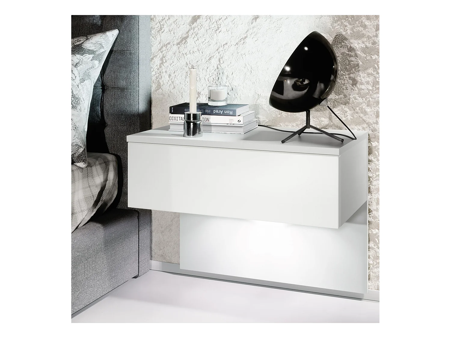 Table de chevet Sleep, Table de nuit à fixation murale avec tiroir, Blanc mat/Blanc mat, éclairage LED inclus (60 x 46 x 35 cm)