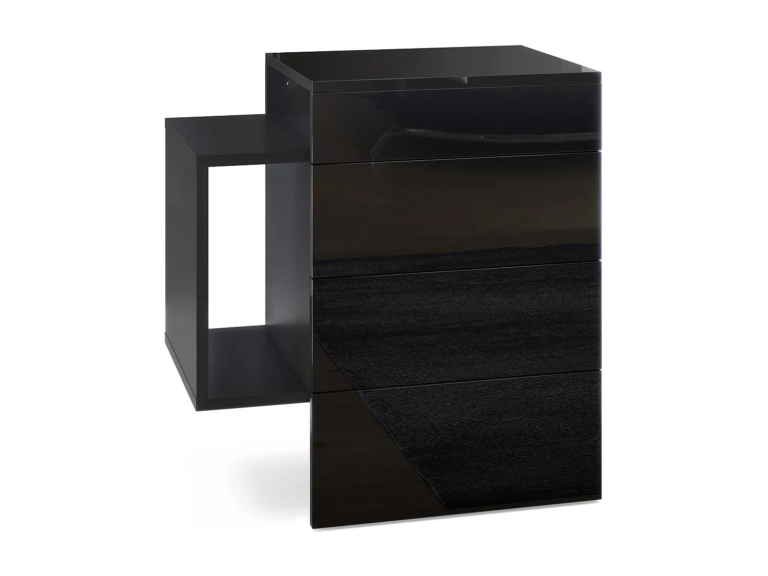 Table de chevet Queens, Table de nuit avec 2 tiroirs et 1 compartiment latéral à fixer au mur, Noir mat/Noir haute brillance (60 x 63 x 36 cm)