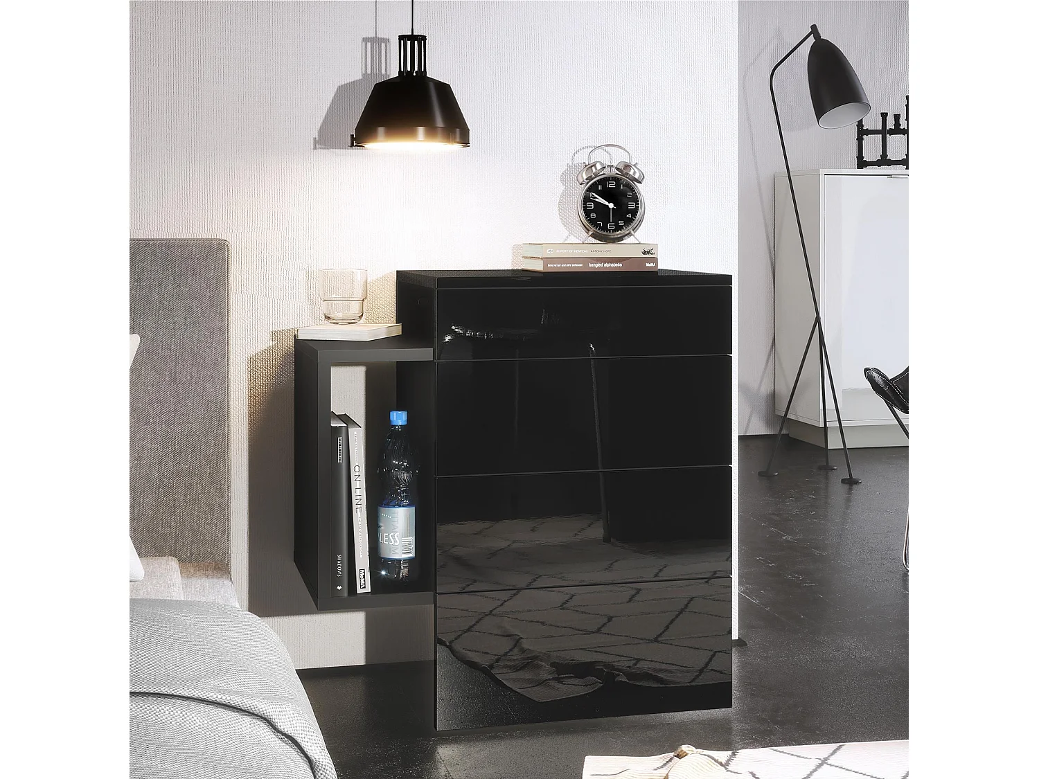 Table de chevet Queens, Table de nuit avec 2 tiroirs et 1 compartiment latéral à fixer au mur, Noir mat/Noir haute brillance (60 x 63 x 36 cm)