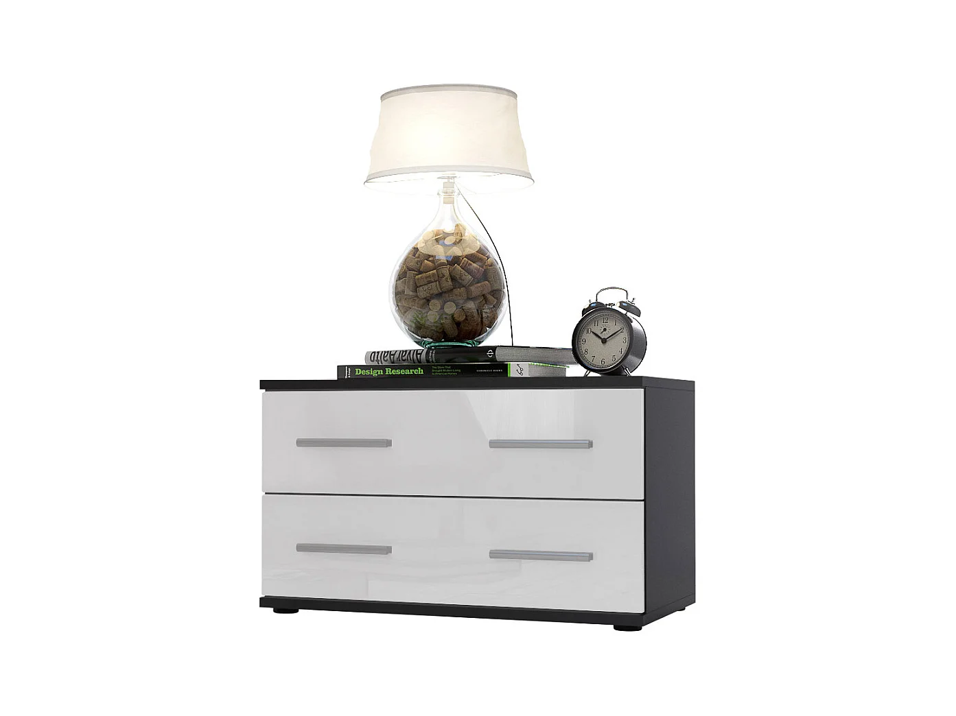 Mesa de noche Kioto, Cuerpo en Negro mate / Frontal en Color Blanco alto brillo