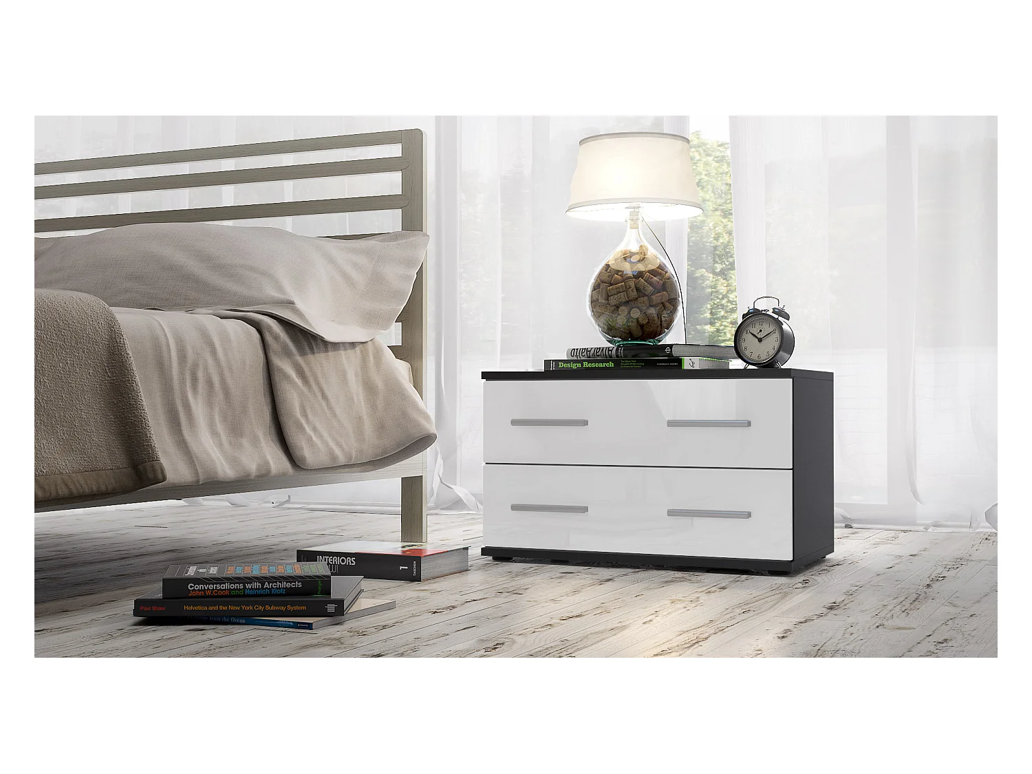 Mesa de noche Kioto, Cuerpo en Negro mate / Frontal en Color Blanco alto brillo