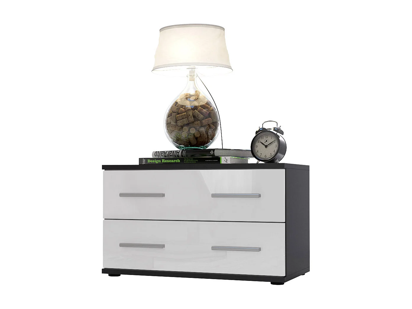 Table de chevet de nuit Kioto, Corps en Noir mat / Façades en Noir haute brillance