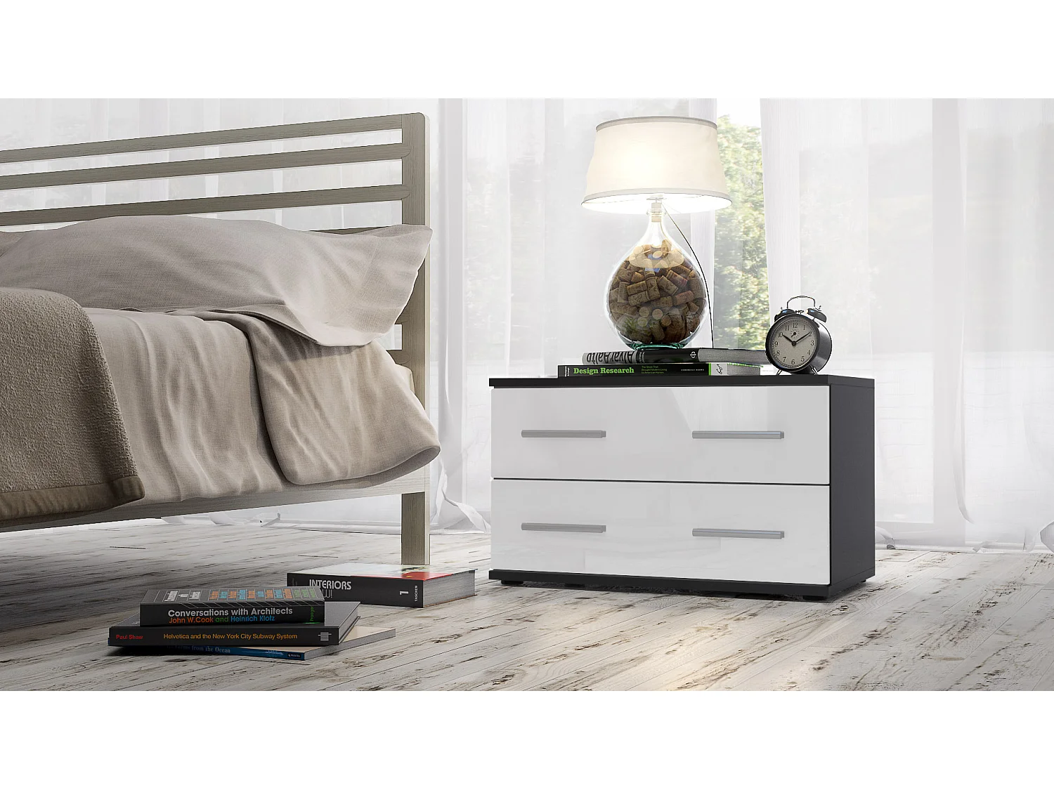 Table de chevet de nuit Kioto, Corps en Noir mat / Façades en Noir haute brillance