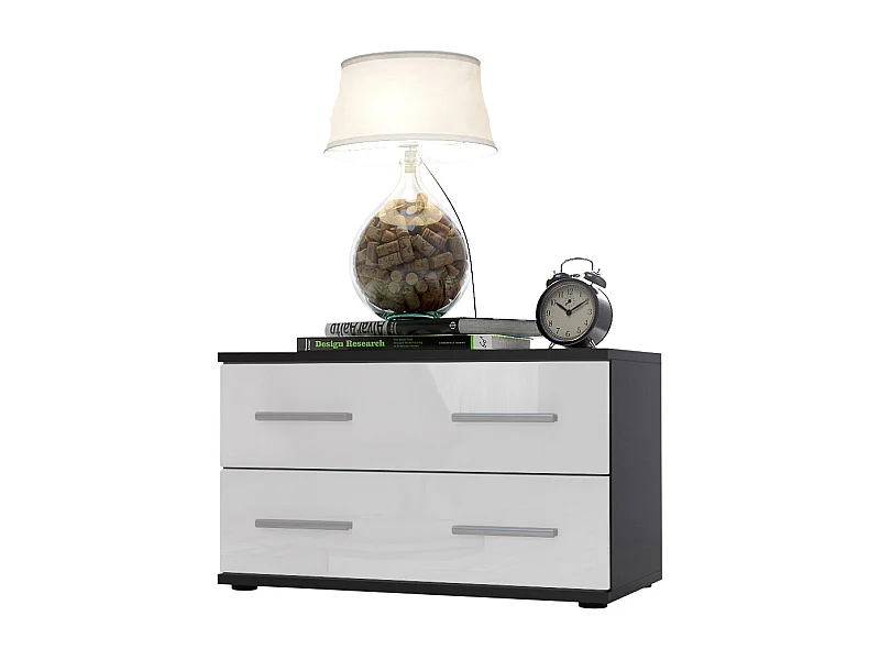 Table de chevet de nuit Kioto, Corps en Noir mat / Façades en Noir haute brillance