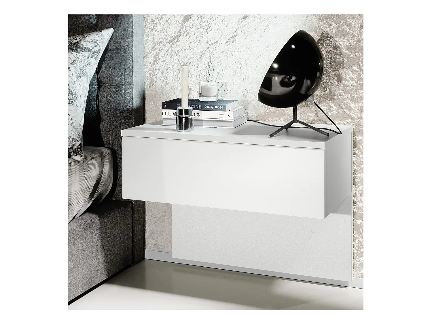 Table de chevet de nuit Sleep, Corps en Blanc mat / Façades et les côtés en Blanc mat