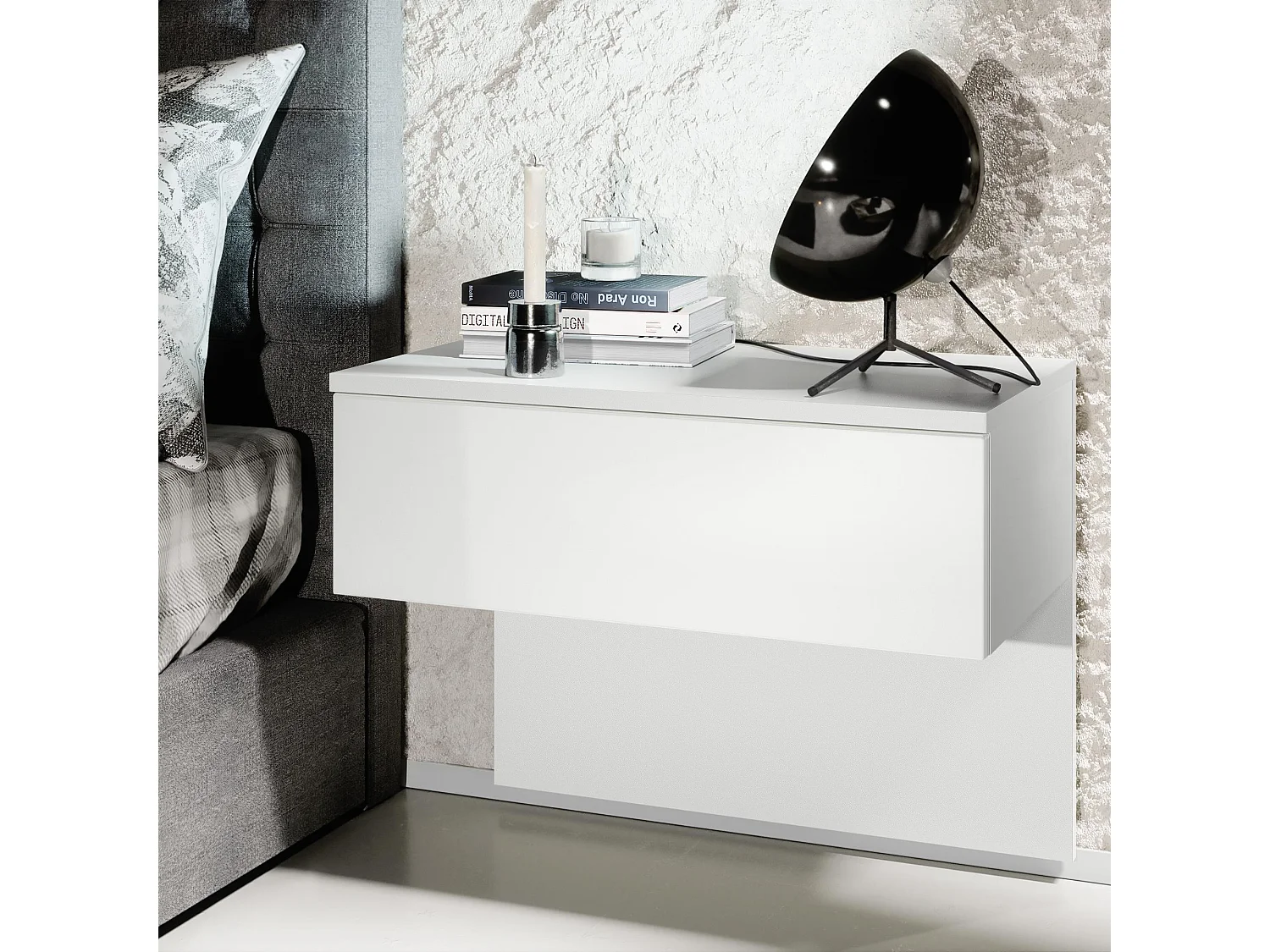 Table de chevet de nuit Sleep, Corps en Blanc mat / Façades et les côtés en Blanc mat