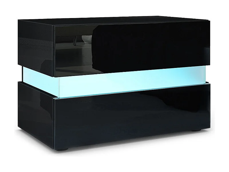 Table de chevet Flow, Table de nuit avec tiroir pour fixation murale, Noir haute brillance/Noir haute brillance, éclairage LED inclus (60 x 45 x 39 cm)