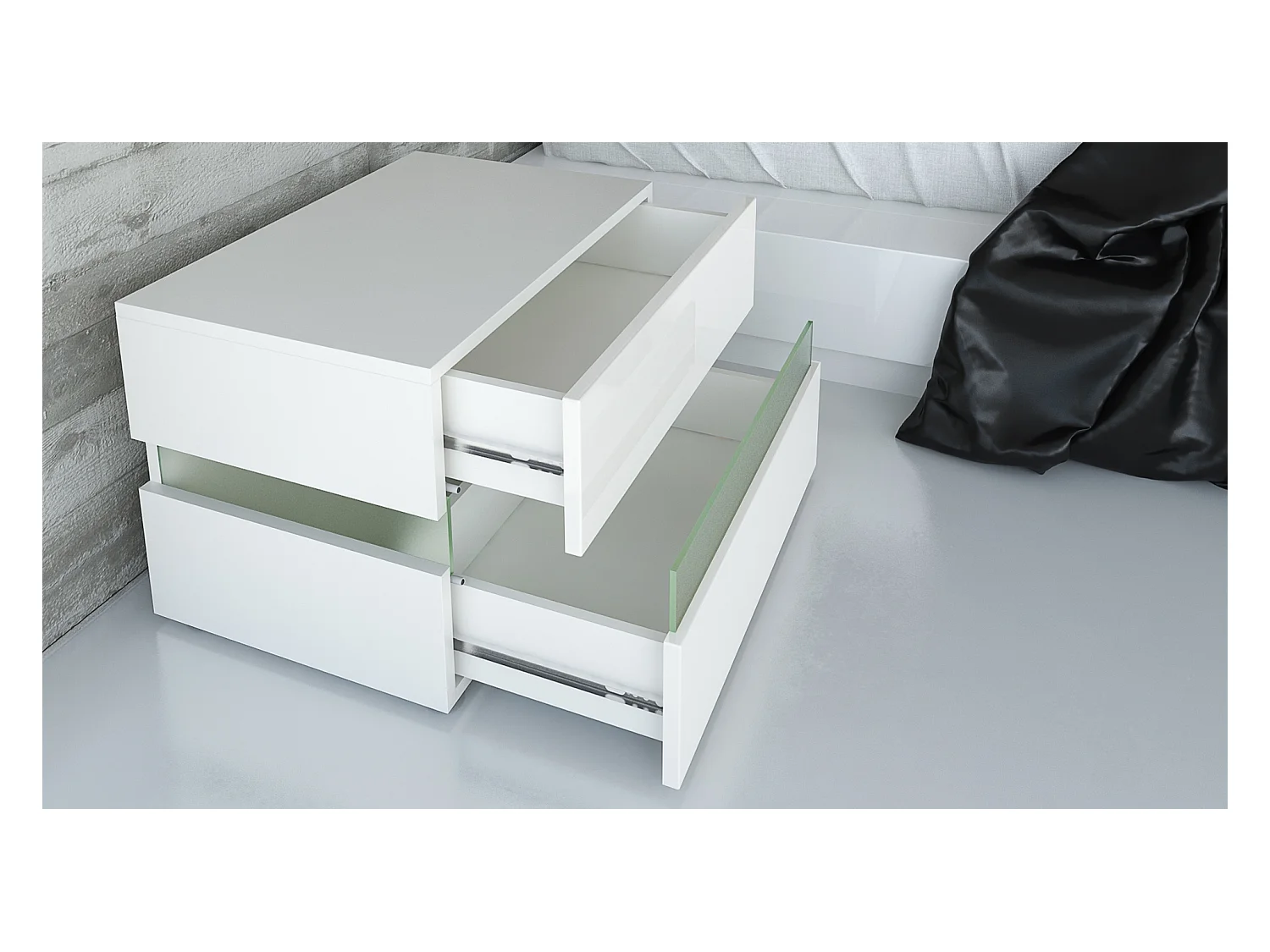 Table de chevet Flow, Table de nuit avec tiroir pour fixation murale, Noir haute brillance/Noir haute brillance, éclairage LED inclus (60 x 45 x 39 cm)