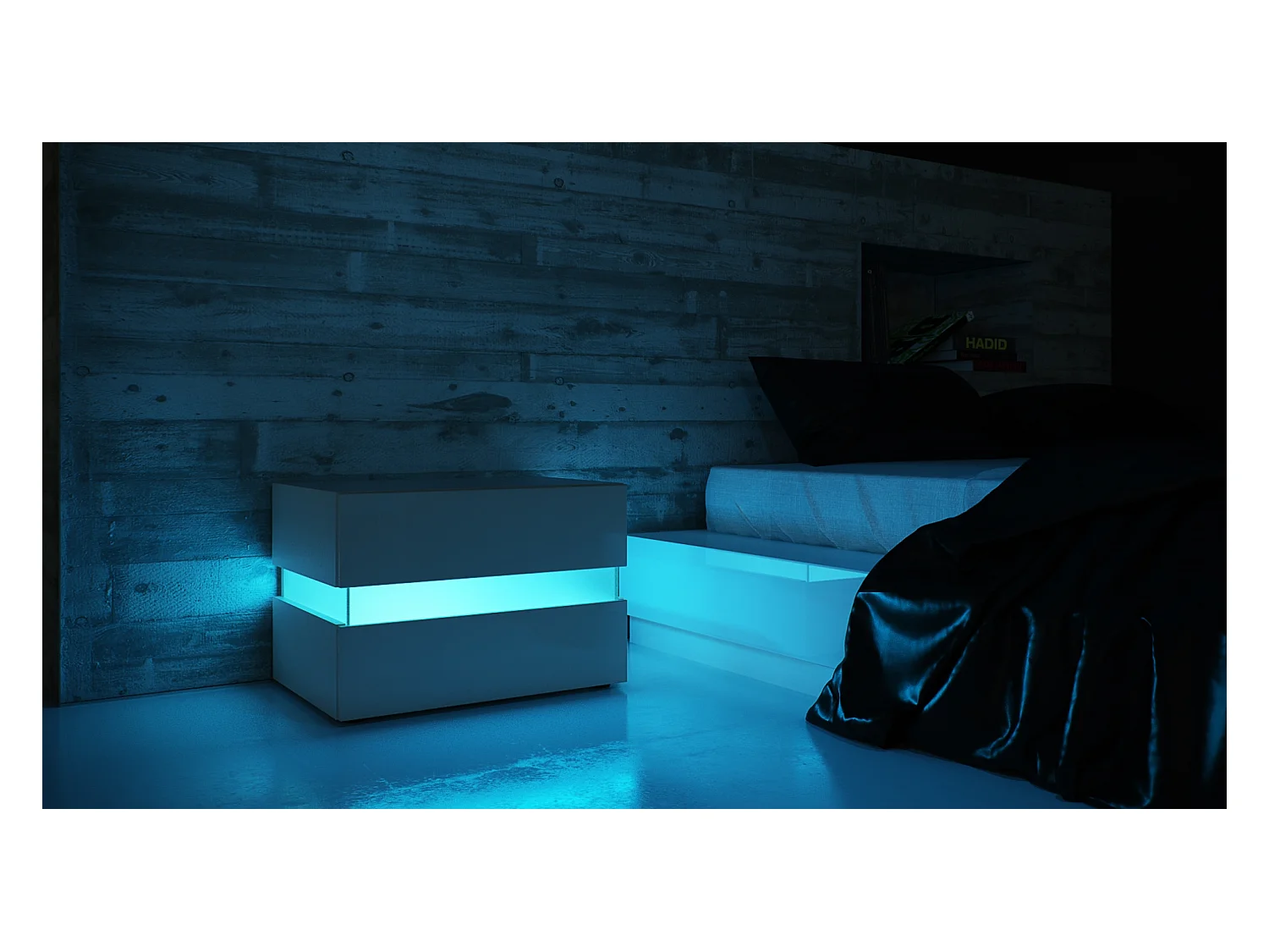 Table de chevet Flow, Table de nuit avec tiroir pour fixation murale, Noir haute brillance/Noir haute brillance, éclairage LED inclus (60 x 45 x 39 cm)