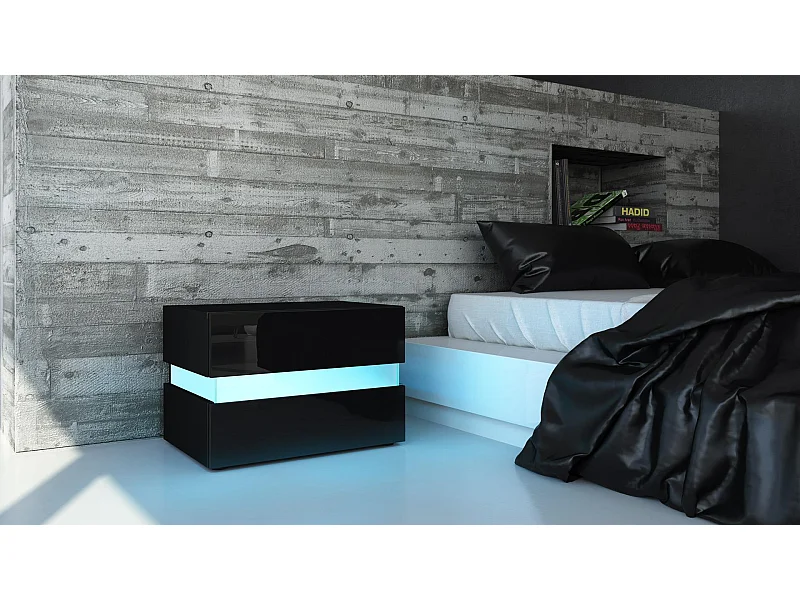 Table de chevet Flow, Table de nuit avec tiroir pour fixation murale, Noir haute brillance/Noir haute brillance, éclairage LED inclus (60 x 45 x 39 cm)